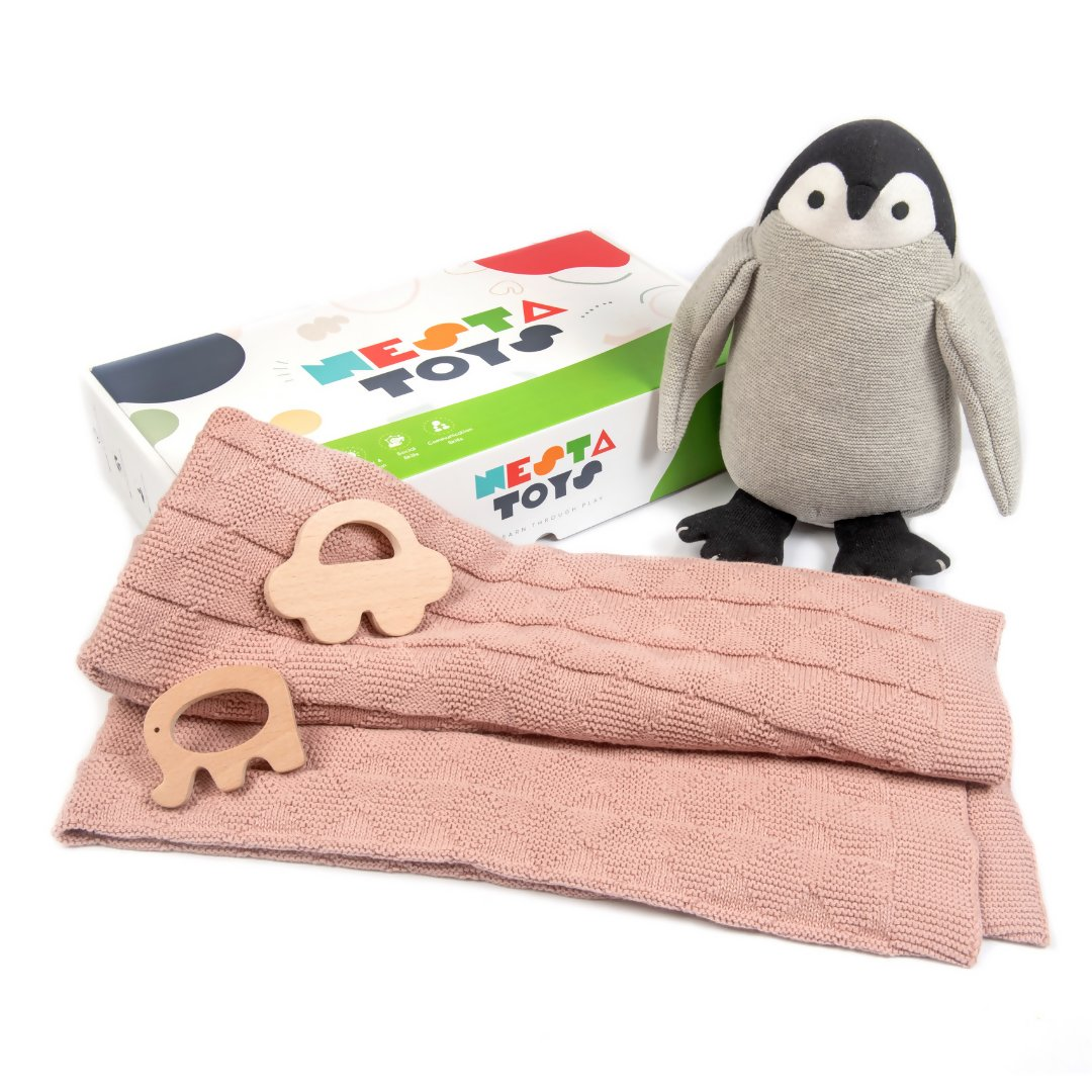 Nesta Toys Newborn Gift Set - Knitted Cotton Blanket, Penguin Plush Toy, Elephant & Car Teether