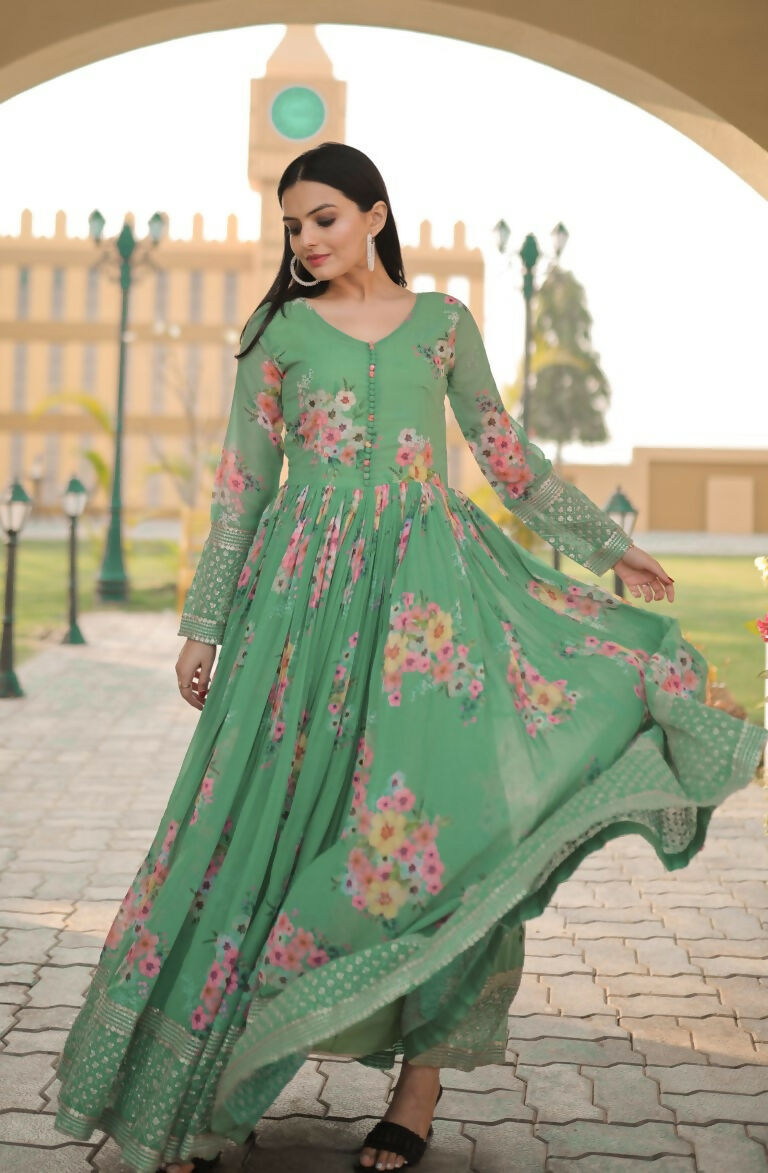 Jyoti Fashion Women's Green Digital Print with Sequence Zari Embroidered Faux Georgette Anarkali Dress