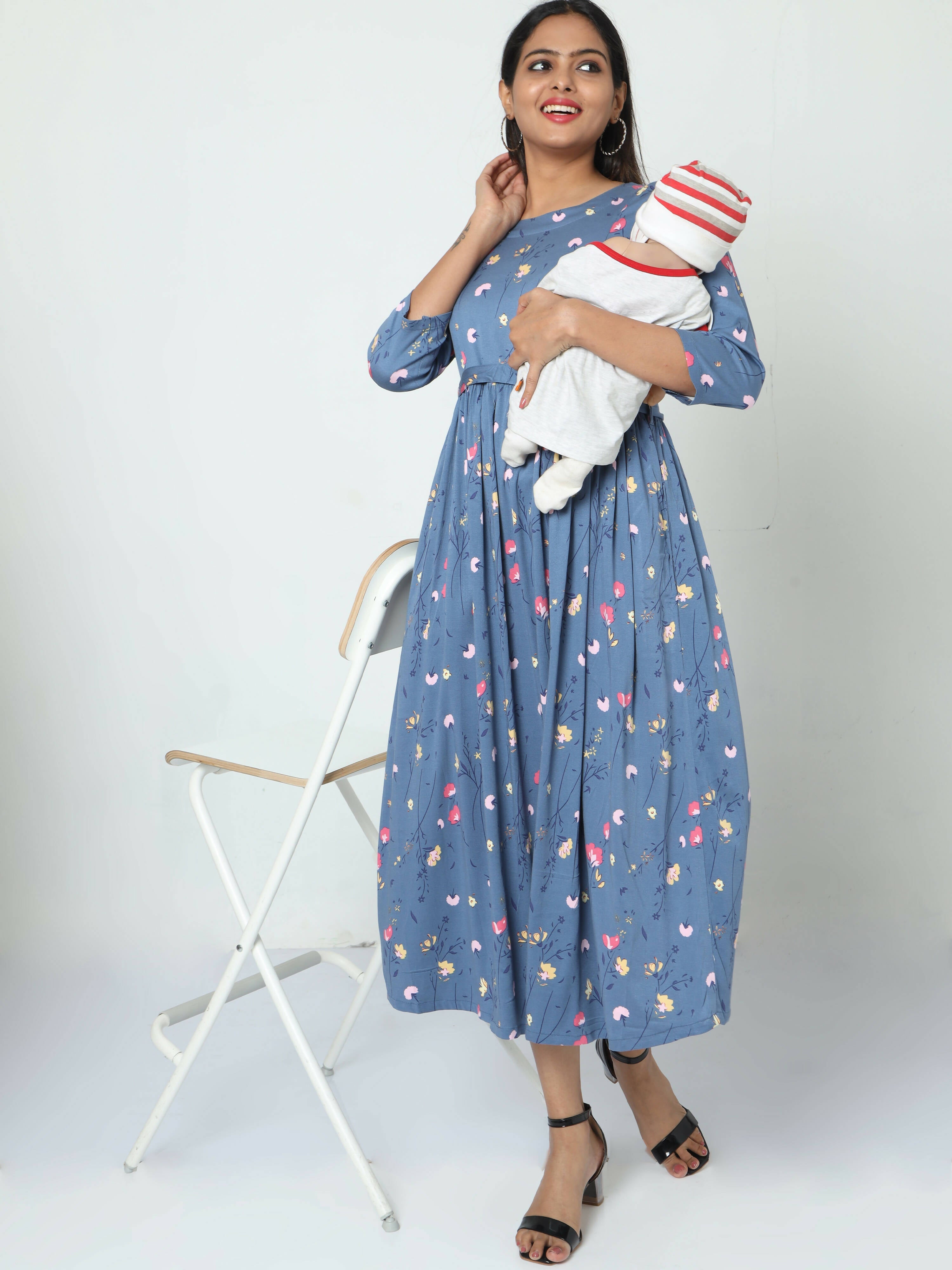 Manet Three Fourth Maternity Dress Floral Print With Concealed Zipper Nursing Access - Dark Grey