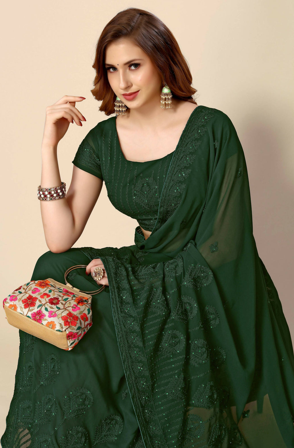 Green Georgette Embroidered and Stone Work Saree with Unstitched Blouse Piece - Roozal