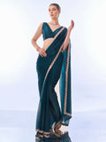 Teal Blue Burburry Designer Work Lace Border & Swarovski Work Saree - Orchid