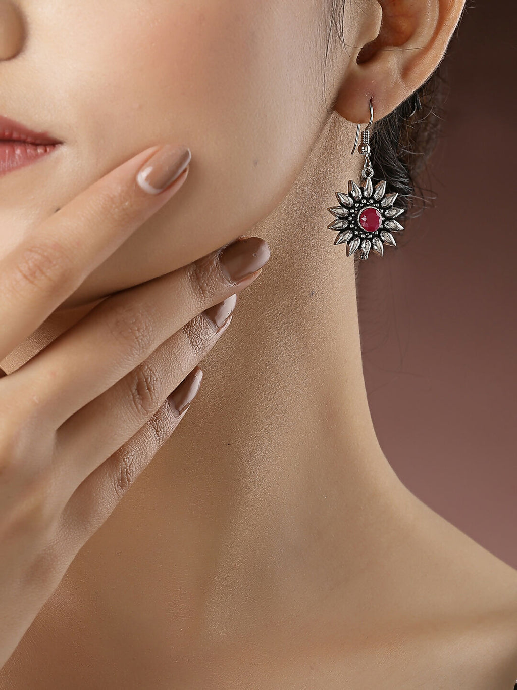NVR Women's Silver-Toned Artificial Stones German Silver Oxidised Drop Earrings