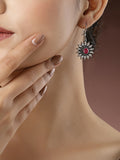 NVR Women's Silver-Toned Artificial Stones German Silver Oxidised Drop Earrings