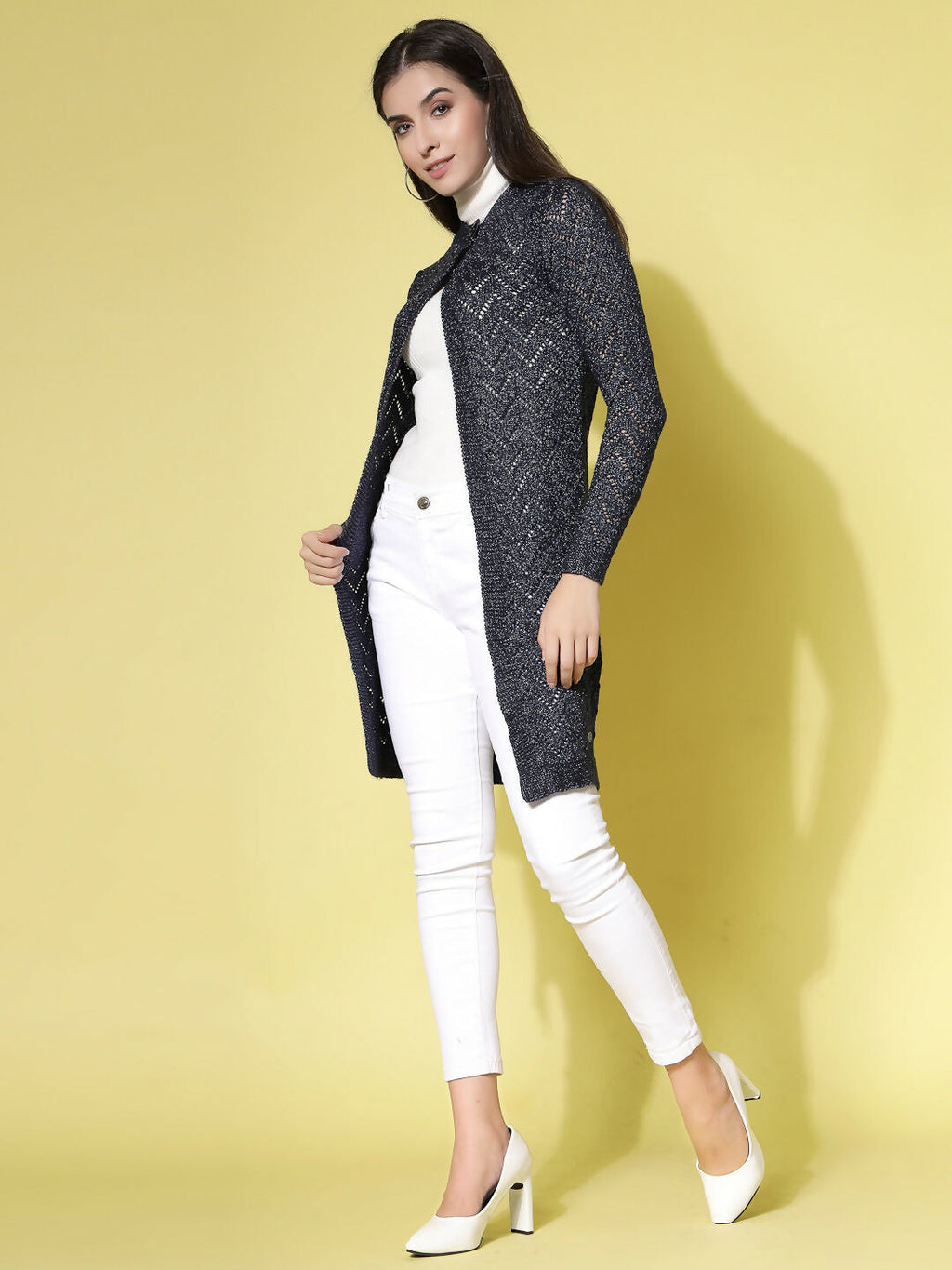 Women Self Design Long Navy Blue Acrylic Winter Shrug - Wool Trees