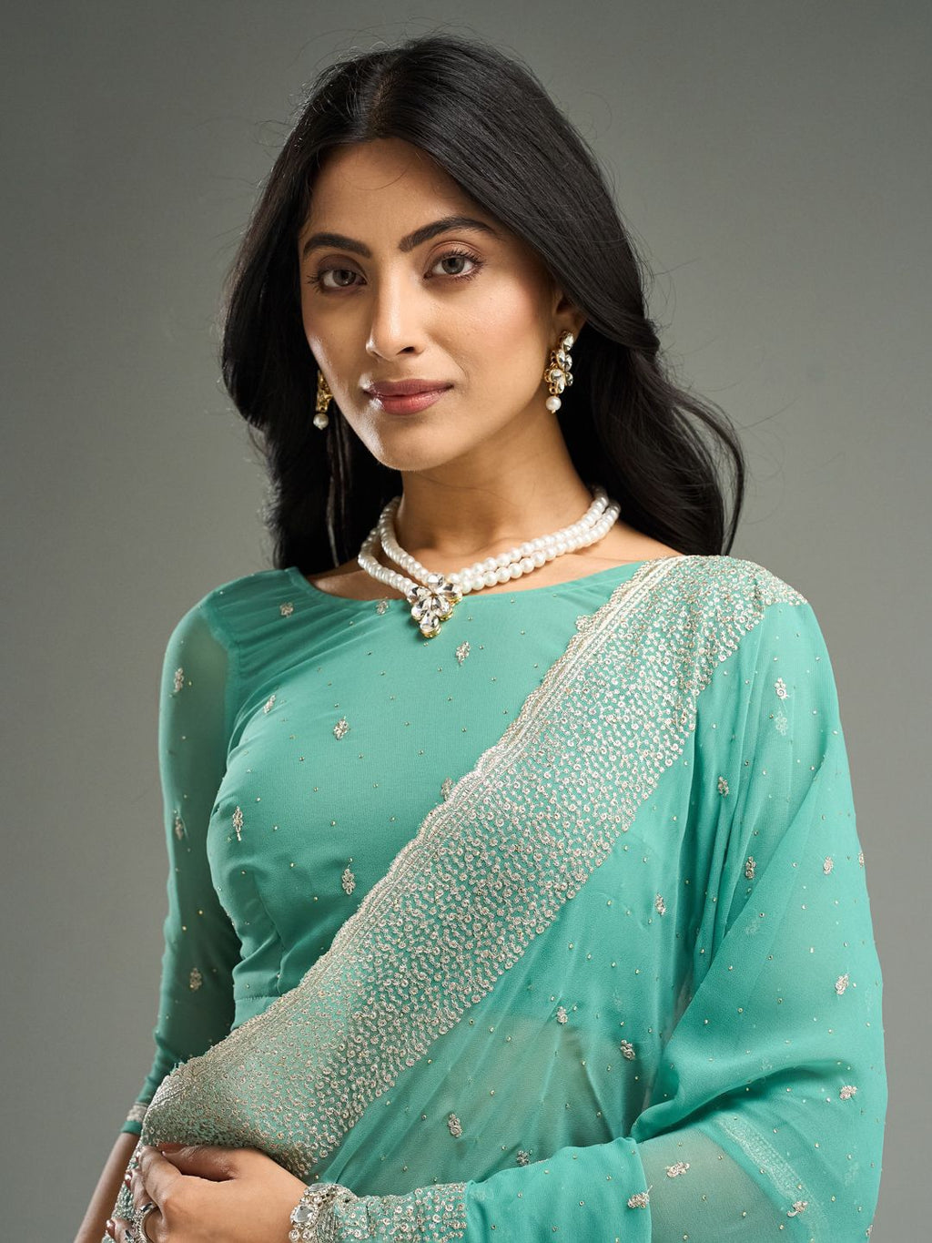 kasee Floral Embroidered Beads and Stones Pure Georgette Saree