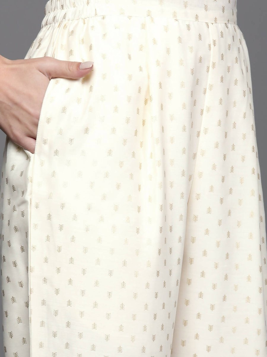 Ahalyaa Women Printed Pleated Kurta with Trousers - Off White Color