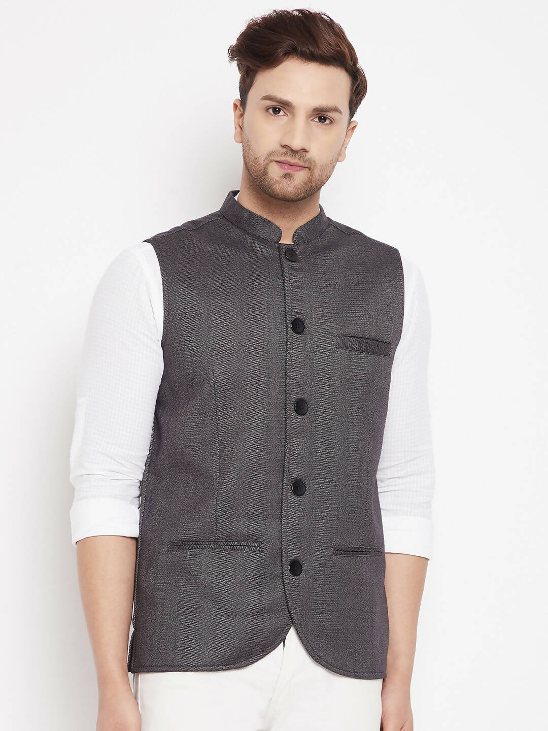 Even Apparels Grey Merino Men Woven Nehru Jacket PW685