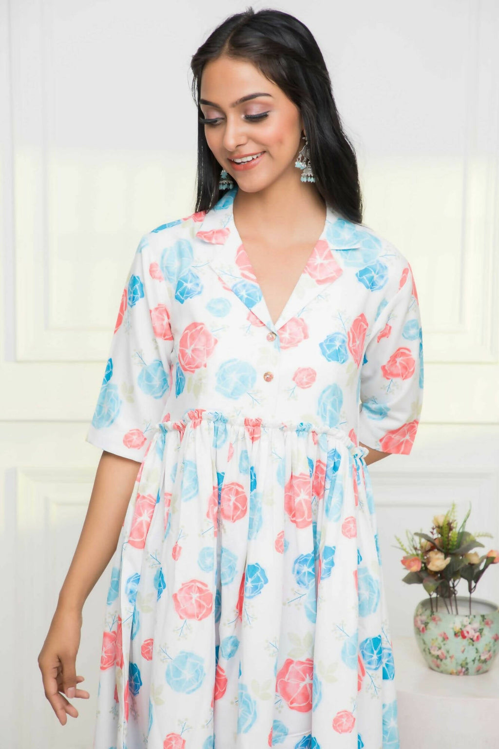Myshka Women Multi - Floral Rayon A-Line V-Neck Dress