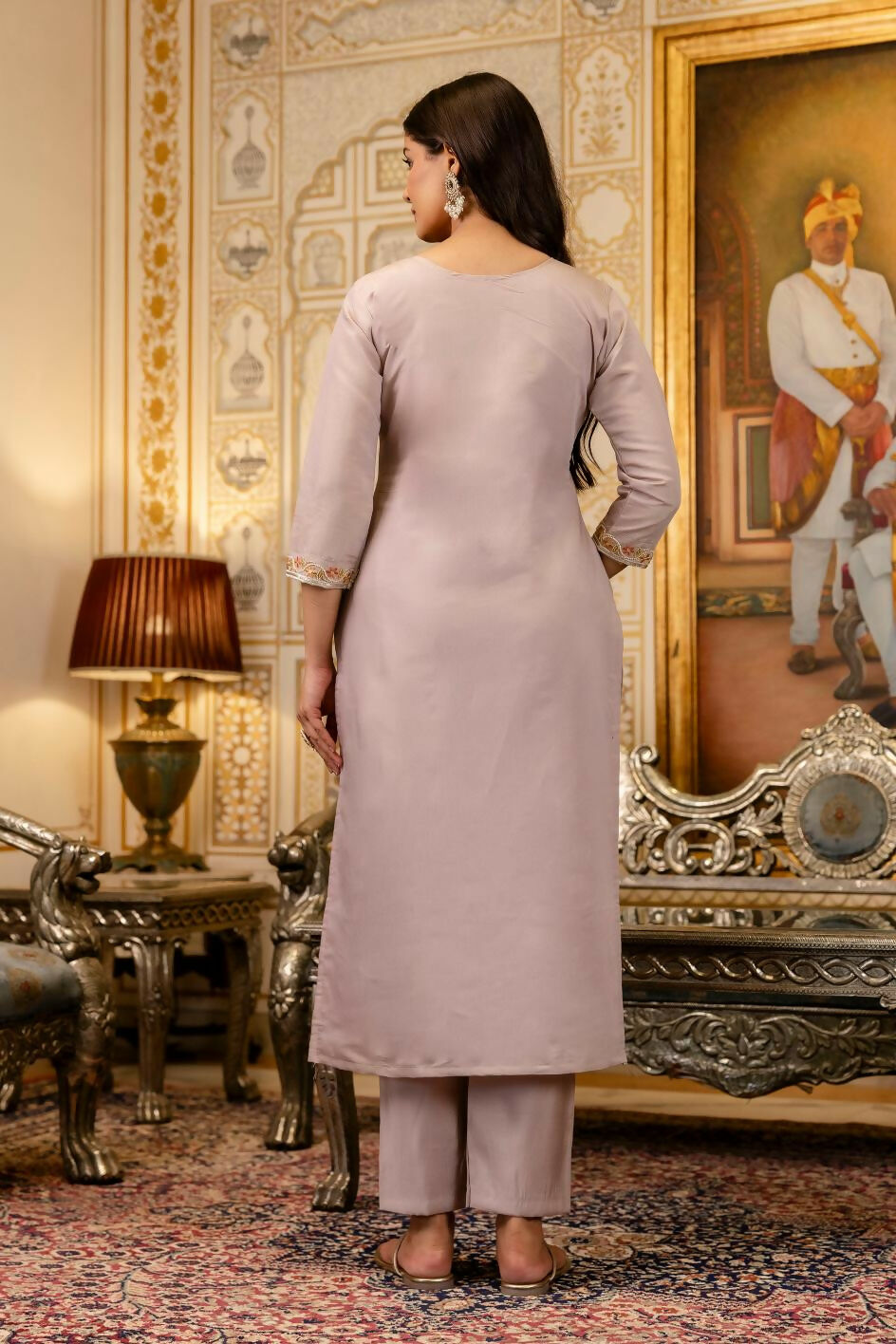 The52 Lavender Women's Beautiful Viscose Shimmer Fabric Embroidered Work Straight Kurta Pant and Dupatta Set