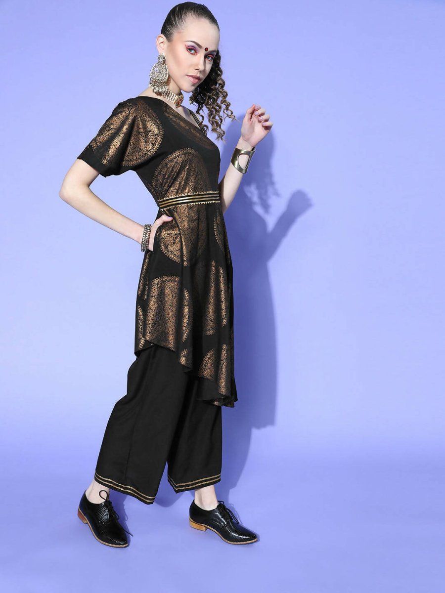 Ahalyaa Women Black Colour Crepe Printed Top Palazzo Set