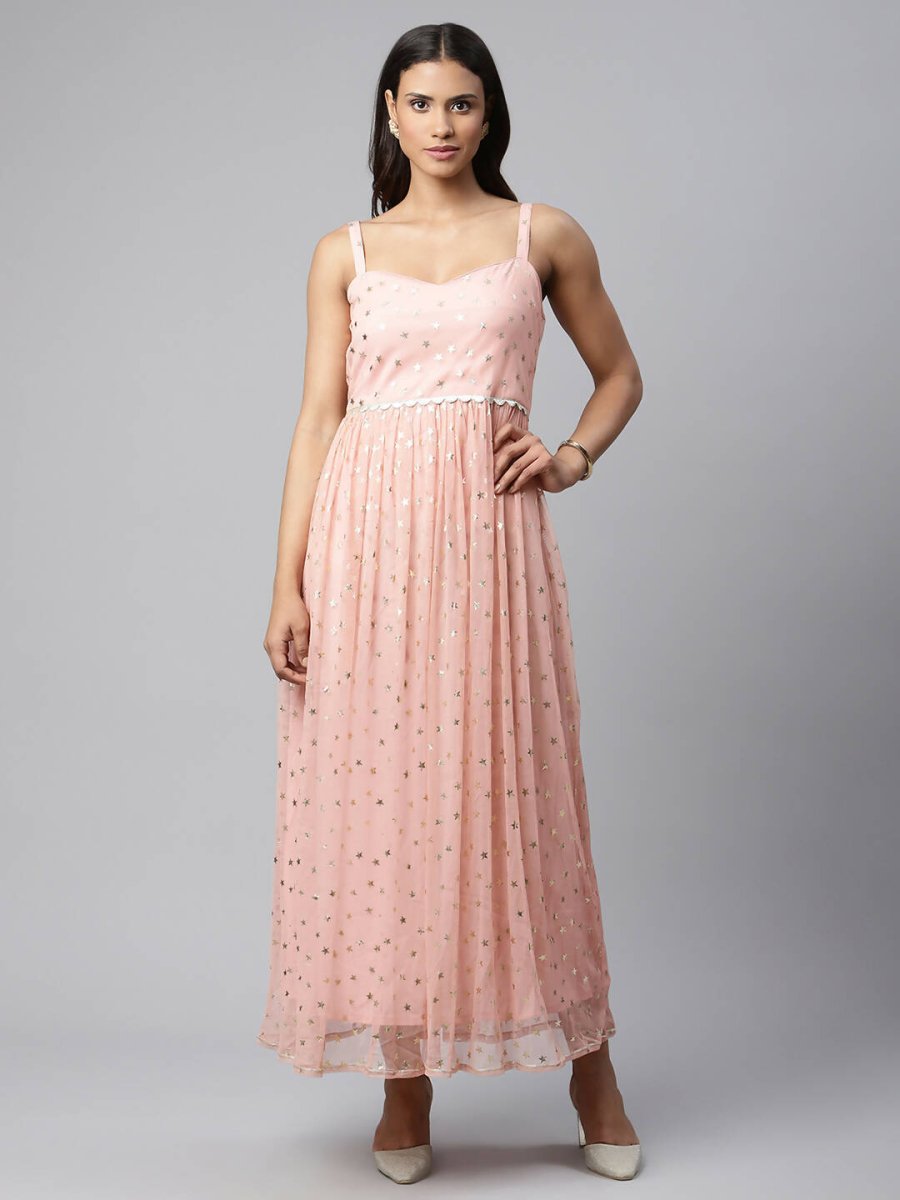 Ahalyaa Women Pink Net Gold Foil Print Dress